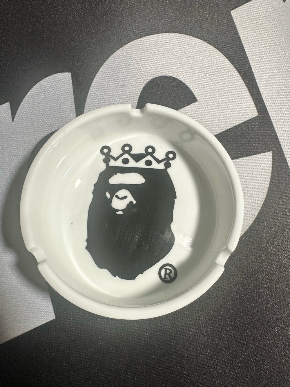 White Ceramic Logo Ashtray with Black Features